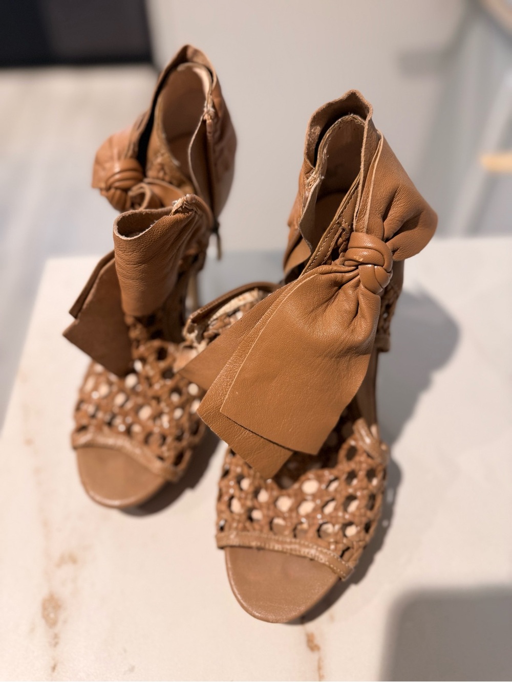 Boutique 9 Tan Knotted Bow Woven Heels